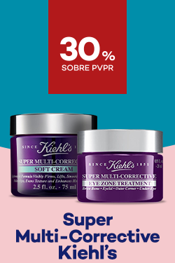 Linha Super Multi Corrective da marca Kiehls com destaque promocional de 30% sobre preço de Venda ao Público Recomendado